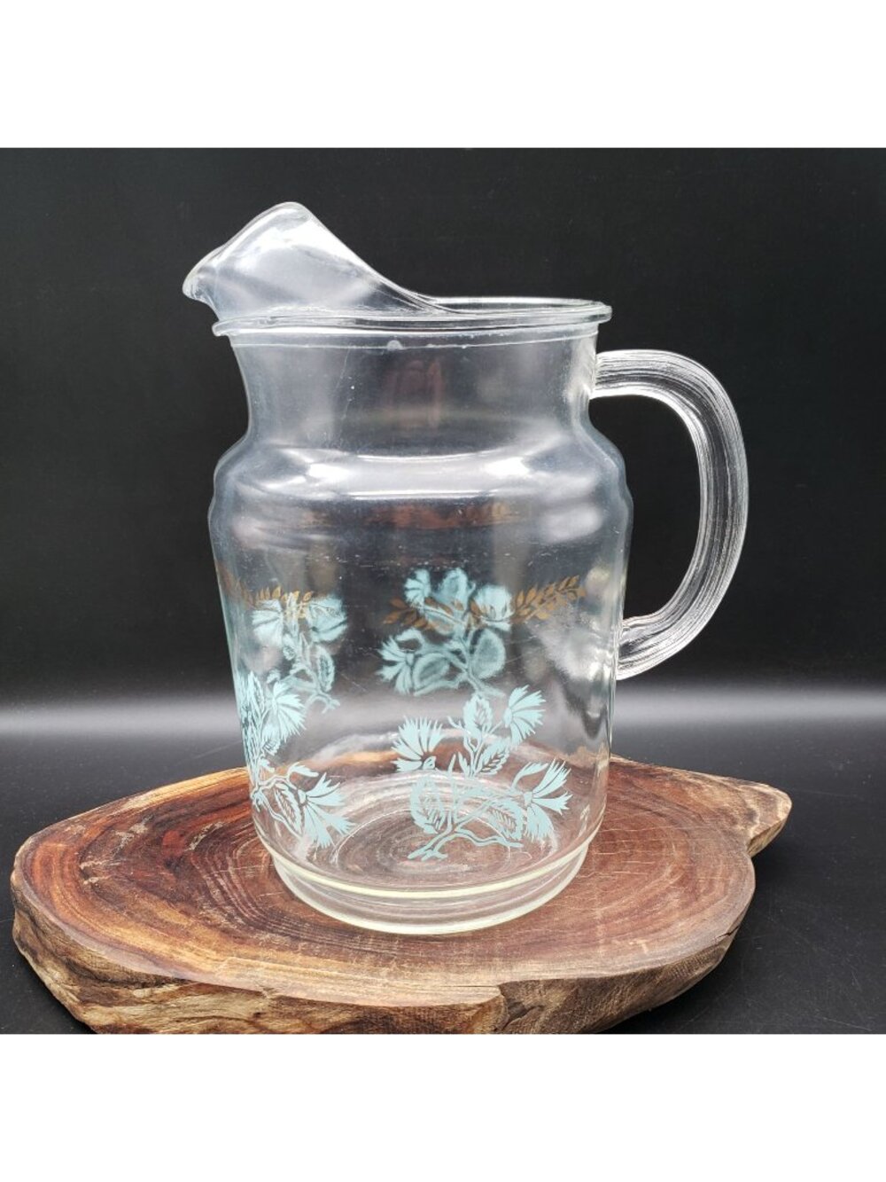 Vintage Mid Century Glass Pitcher Blue Floral Gold Ice Lip 9.5”